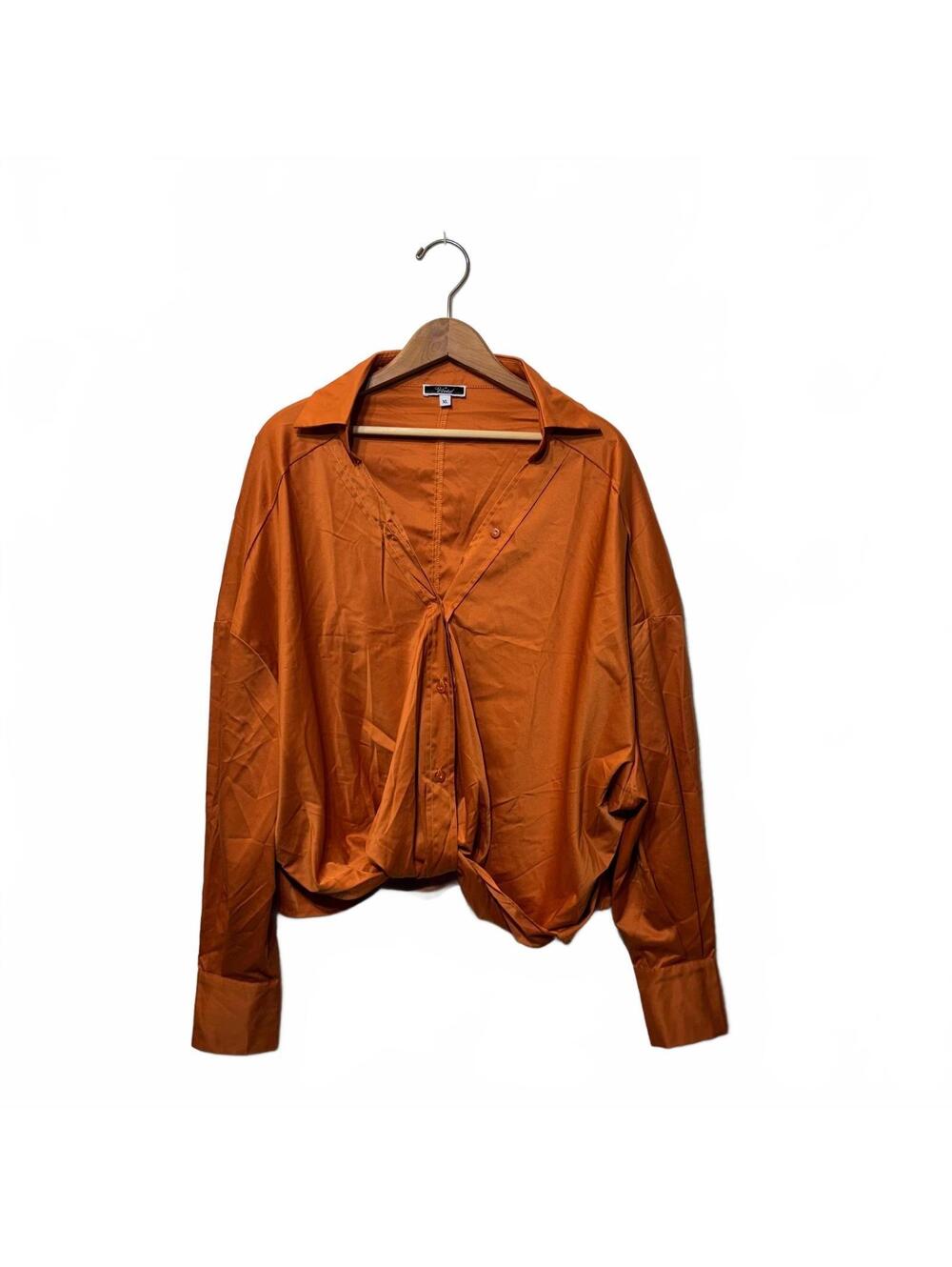 Vivid Rust Orange Satin Ruched Button-Up Shirt Size XL